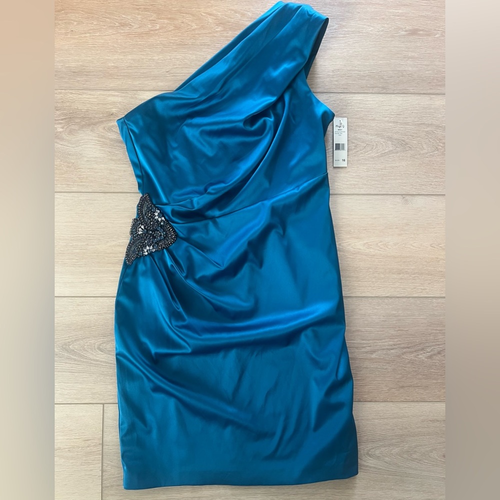 Eliza J One-Shoulder Teal Satin Cocktail Dress with Embellished Waist size 16